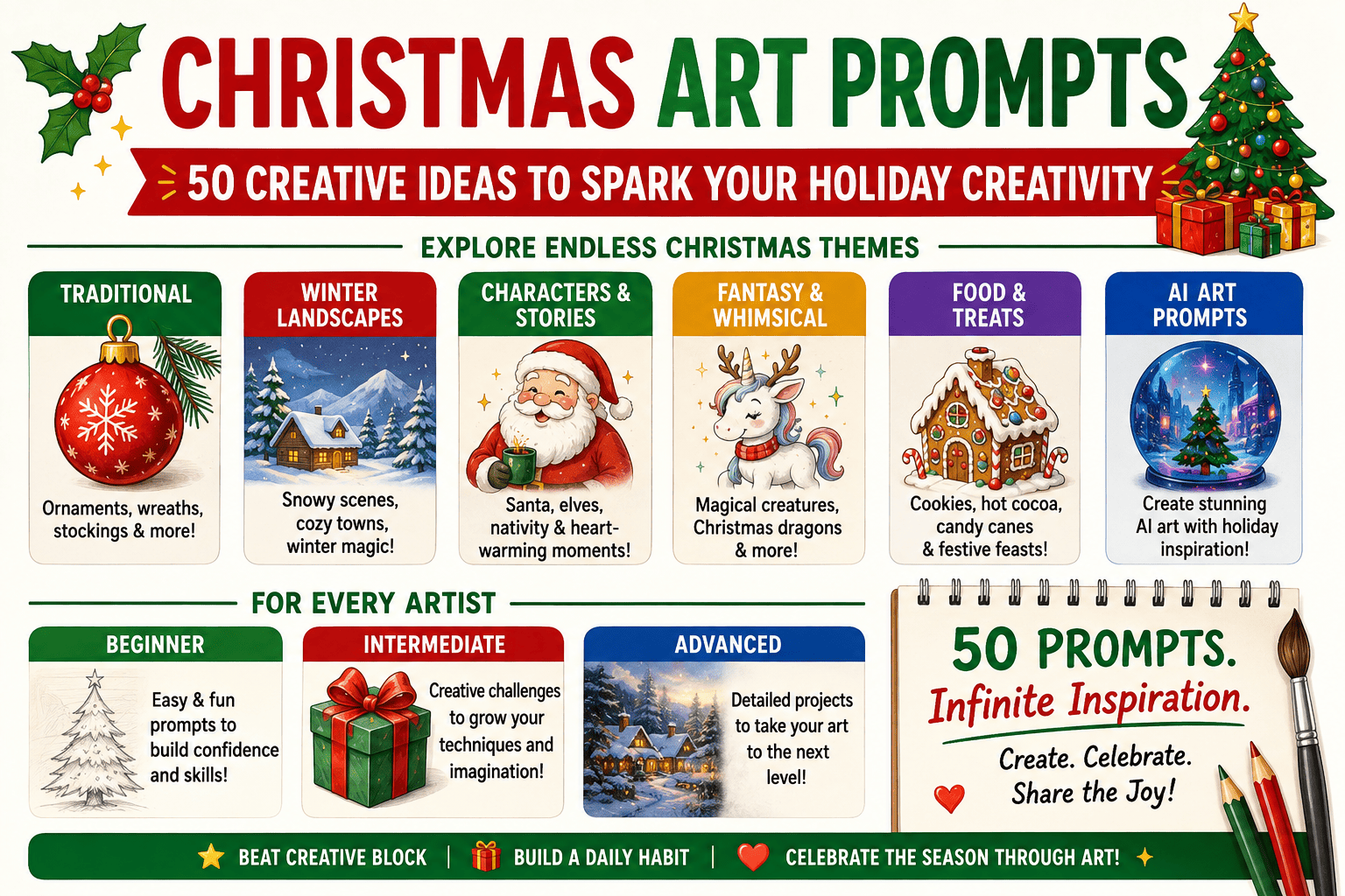 Infographic: 50 Christmas Art Prompts - Traditional, Fantasy, and AI Art Ideas to Spark Holiday Creativity