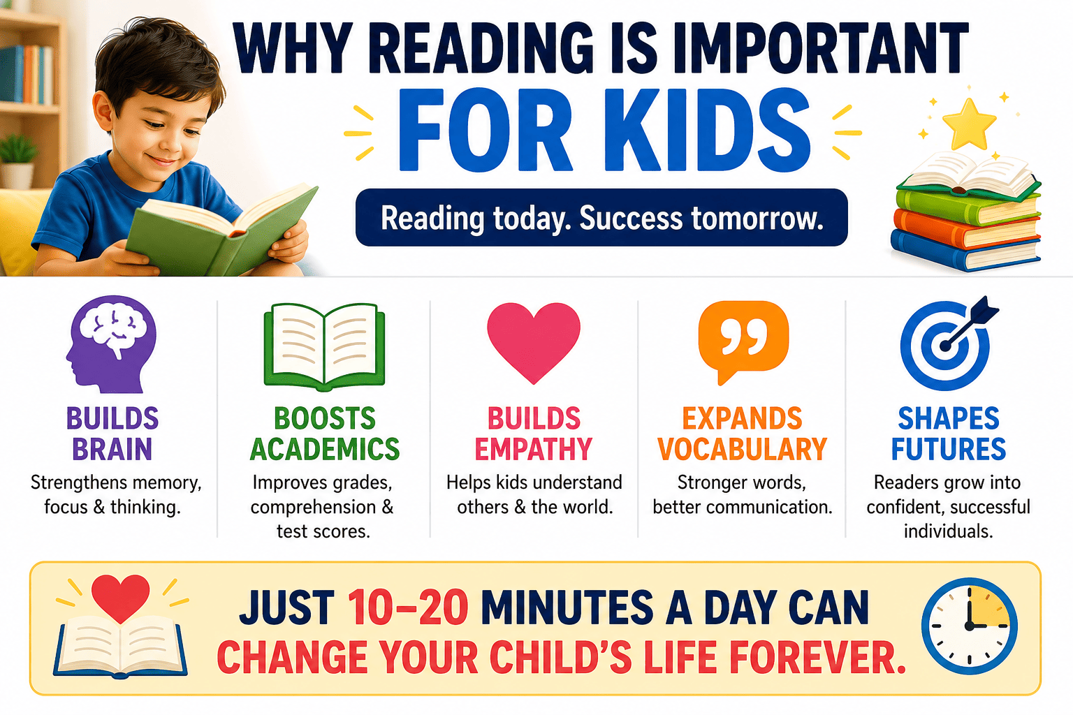 Infographic: Why reading is important for kids - brain development, academic success, and emotional growth