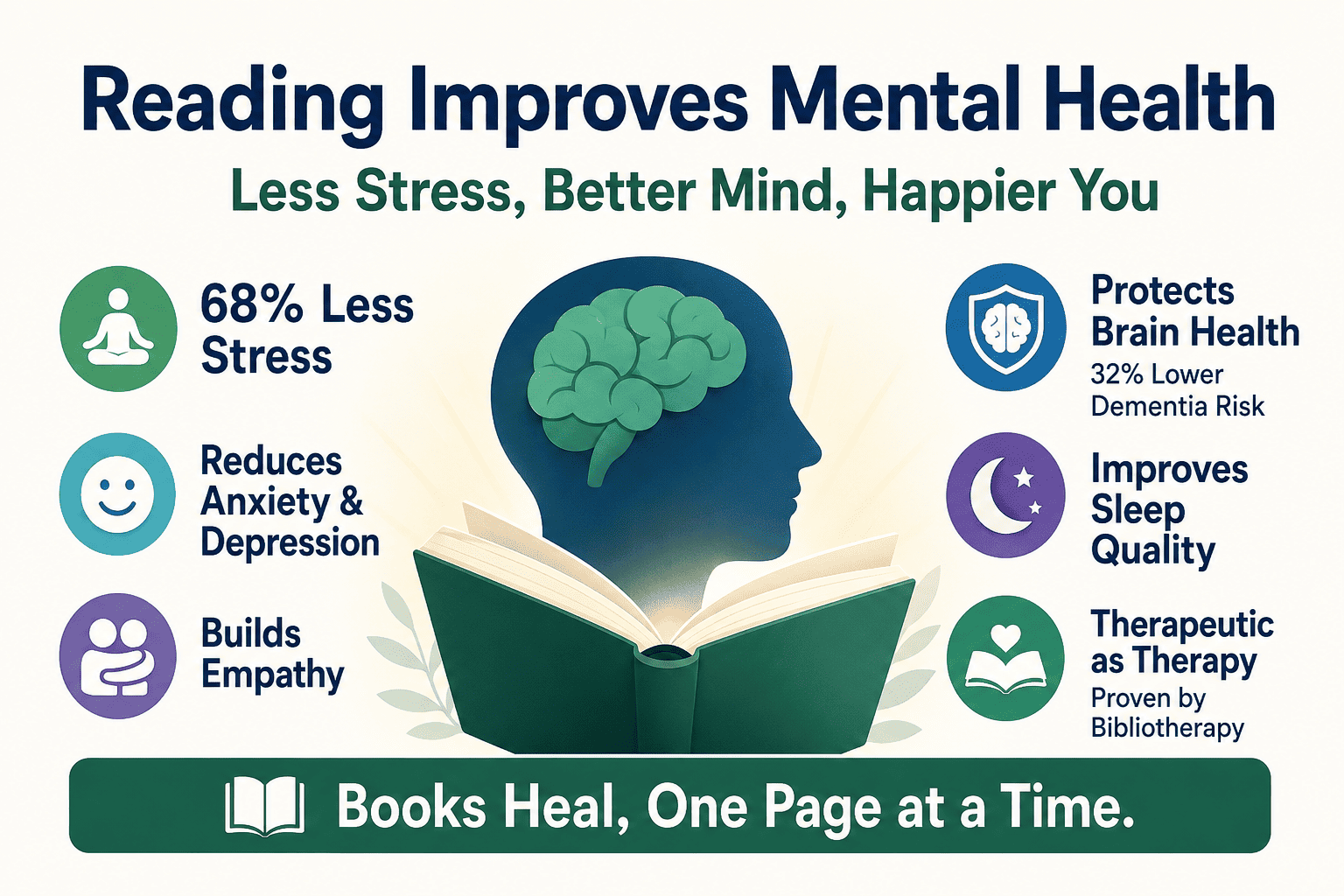 Can Reading Improve Mental Health? Infographic showing science-backed benefits of reading for mental wellbeing